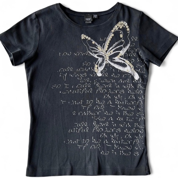 Y2K ESPRIT Womens Black & Silver Sequins Butterfly Fairy Core Goth T-Shirt Small - Picture 1 of 9
